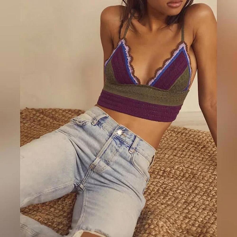 Free People Another Weekend Crochet Longline Bralette Army Combo XS NWT